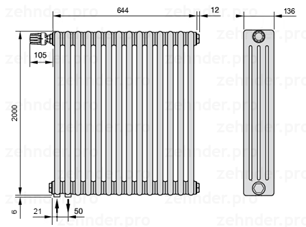 Схема (чертеж) Радиатор Zehnder Charleston 4200/14 №V001 Белый глянцевый RAL 9016